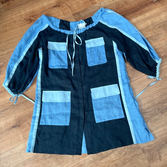 March 11 Eleven women’s 100% linen dress‎ LARGE patchwork blue peasant lagenlook - Picture 6 of 16